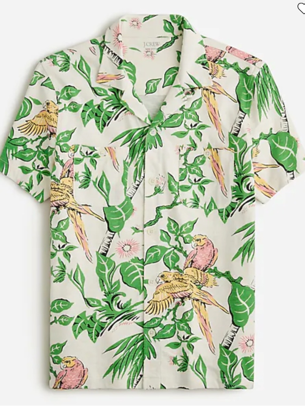 JCREW Short-sleeve cotton knit camp-collar shirt Tropical Parrot Print